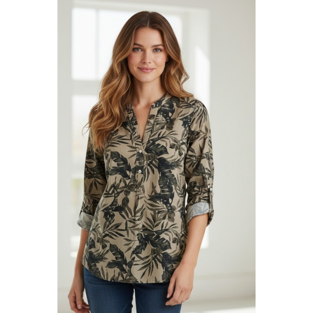 Old Navy Long Sleeve Palm  Leaf Print Popover Blouse Green & Brown Size M
